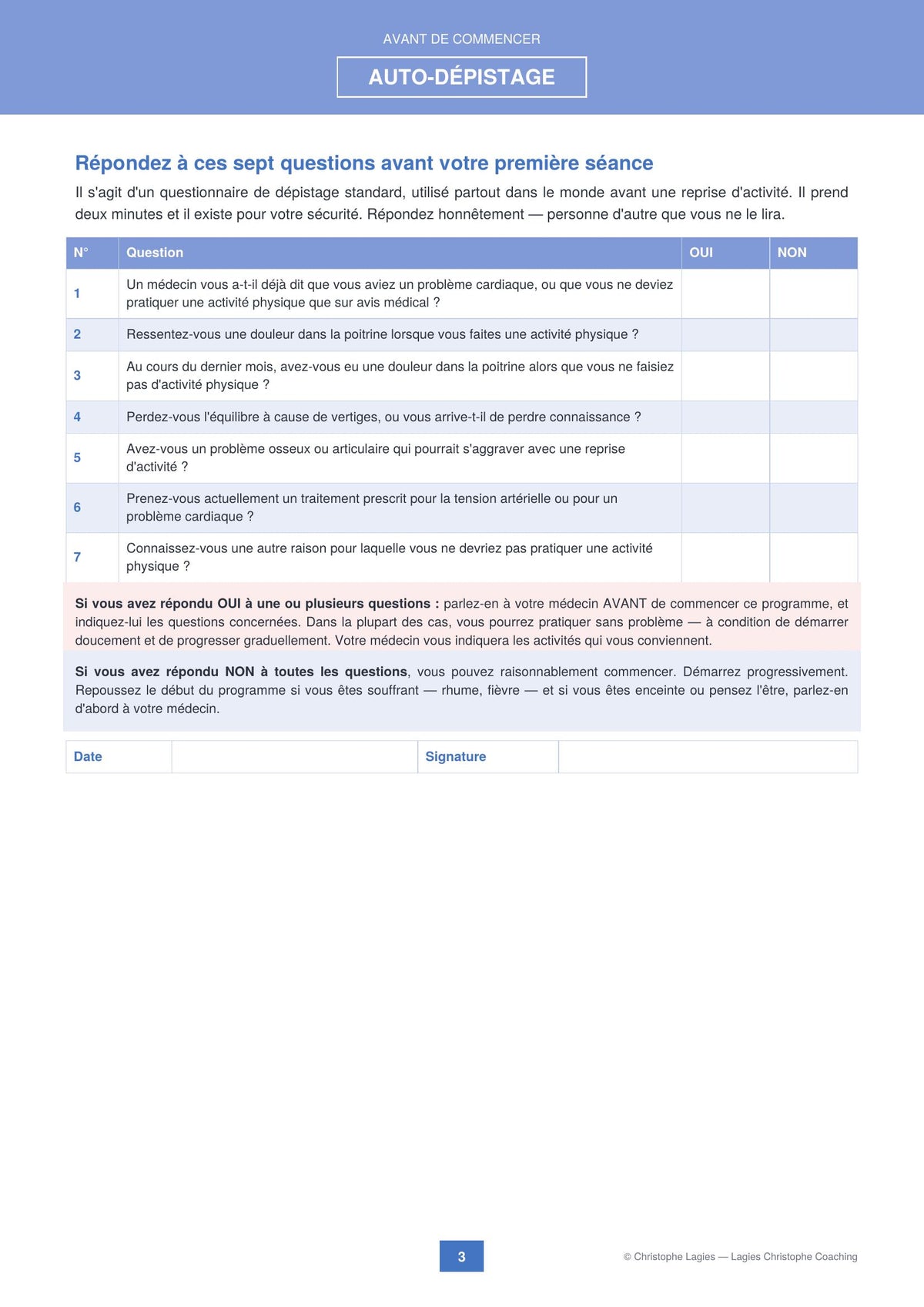 Questionnaire d'auto-dépistage santé en sept questions, à remplir avant la première séance du programme
